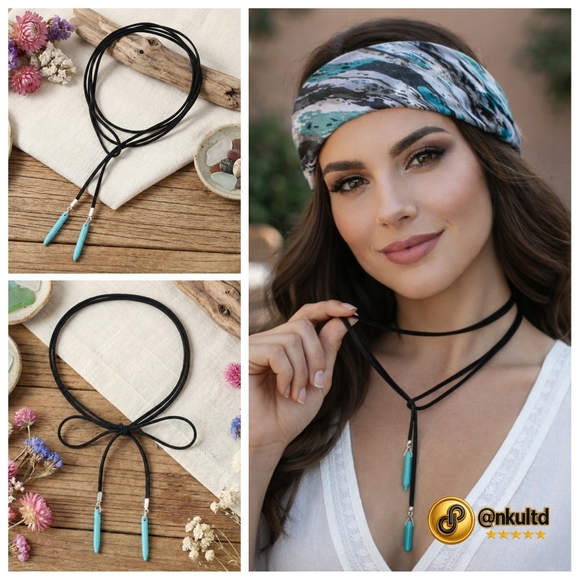 NKULTD Jewelry - Boho Black Suede Turquoise Wrap Choker Necklace 66" Long Western Lariat Cowgirl